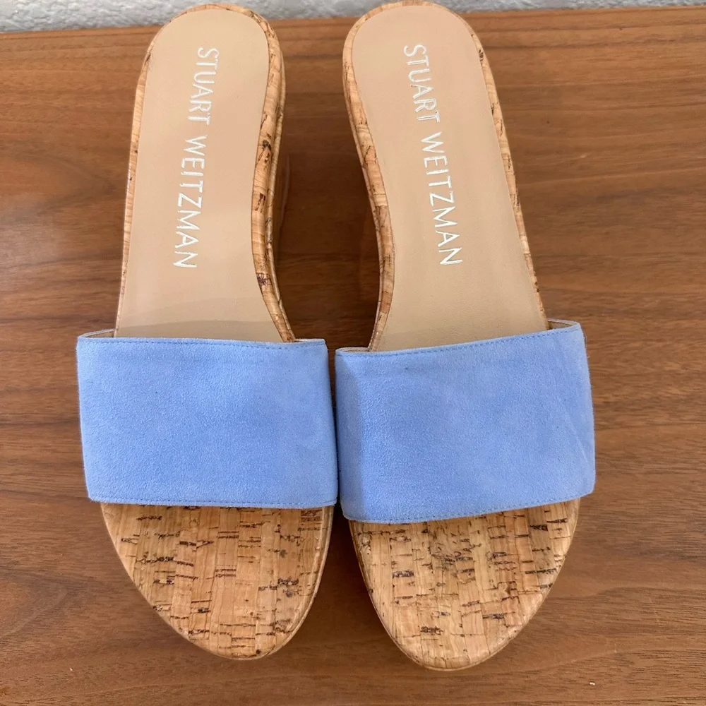Stuart Weitzman Blue Suede Cork Platform Wedge Sandals Slides Made in Spain 8.5 - Picture 3 of 6